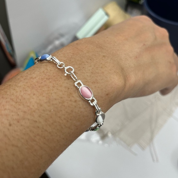 Stunning Vintage Sterling Silver Chainlink Bracelet with Multicolored Cabochons - Picture 8 of 16